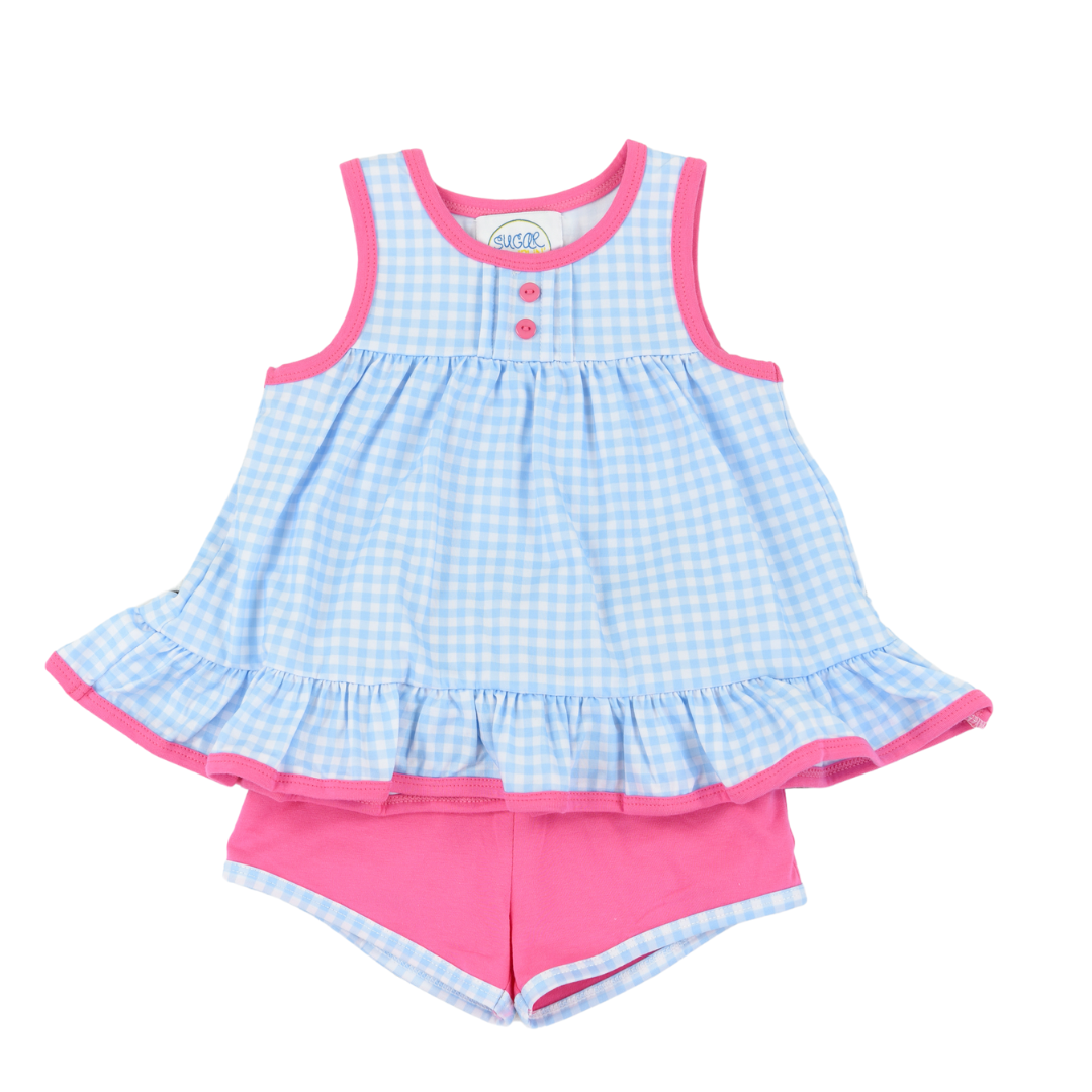 Blue Gingham Girls Short Set