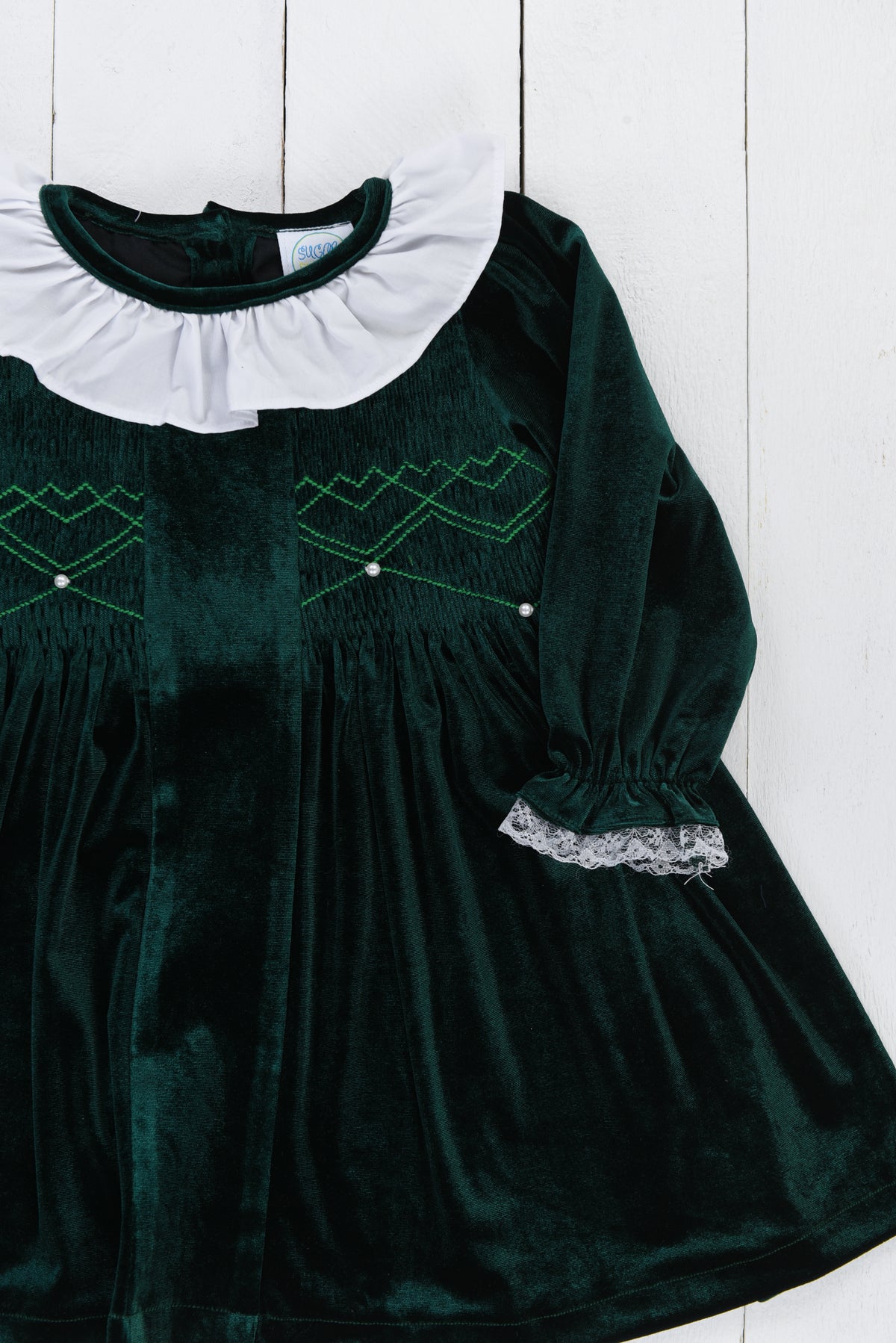PO97: Winter Wishes Girls Green Velvet Smocked Dress with Collar