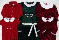 PO97: Winter Wishes Girls Green Velvet Smocked Dress with Ribbon Sash
