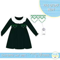 PO97: Winter Wishes Girls Green Velvet Smocked Dress with Collar