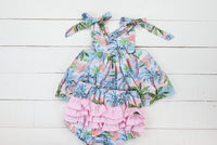 a baby girl's blue and pink dress and bloomy bloomy bloomy