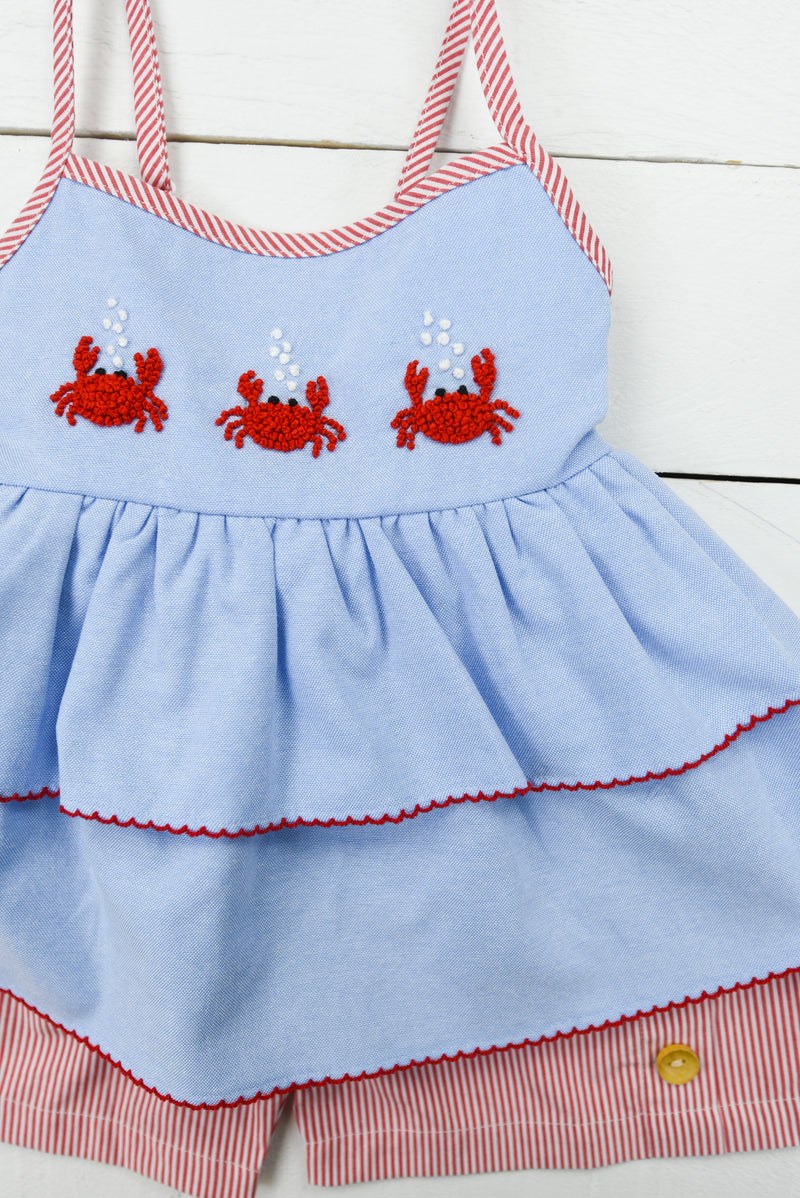 a little girl's crab applique dress and diaper cover