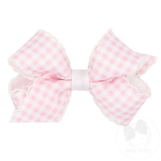 LT Pink-Mini Gingham-Printed Grosgrain Hair Bow with Moonstitch Edge