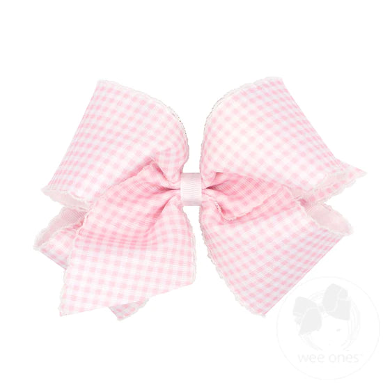 LT Pink-King Gingham-Printed Grosgrain Hair Bow with Moonstitch Edge