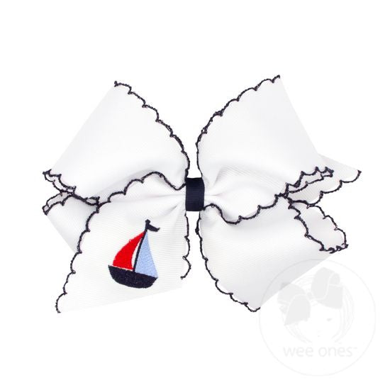 Sailboat-King Grosgrain Hair Bow with Moonstitch Edge and Embroidery