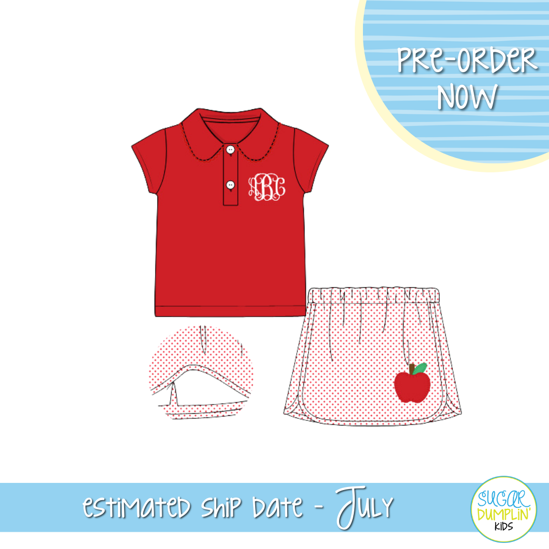 PO113: Embroidered Apples Girls Skort Set