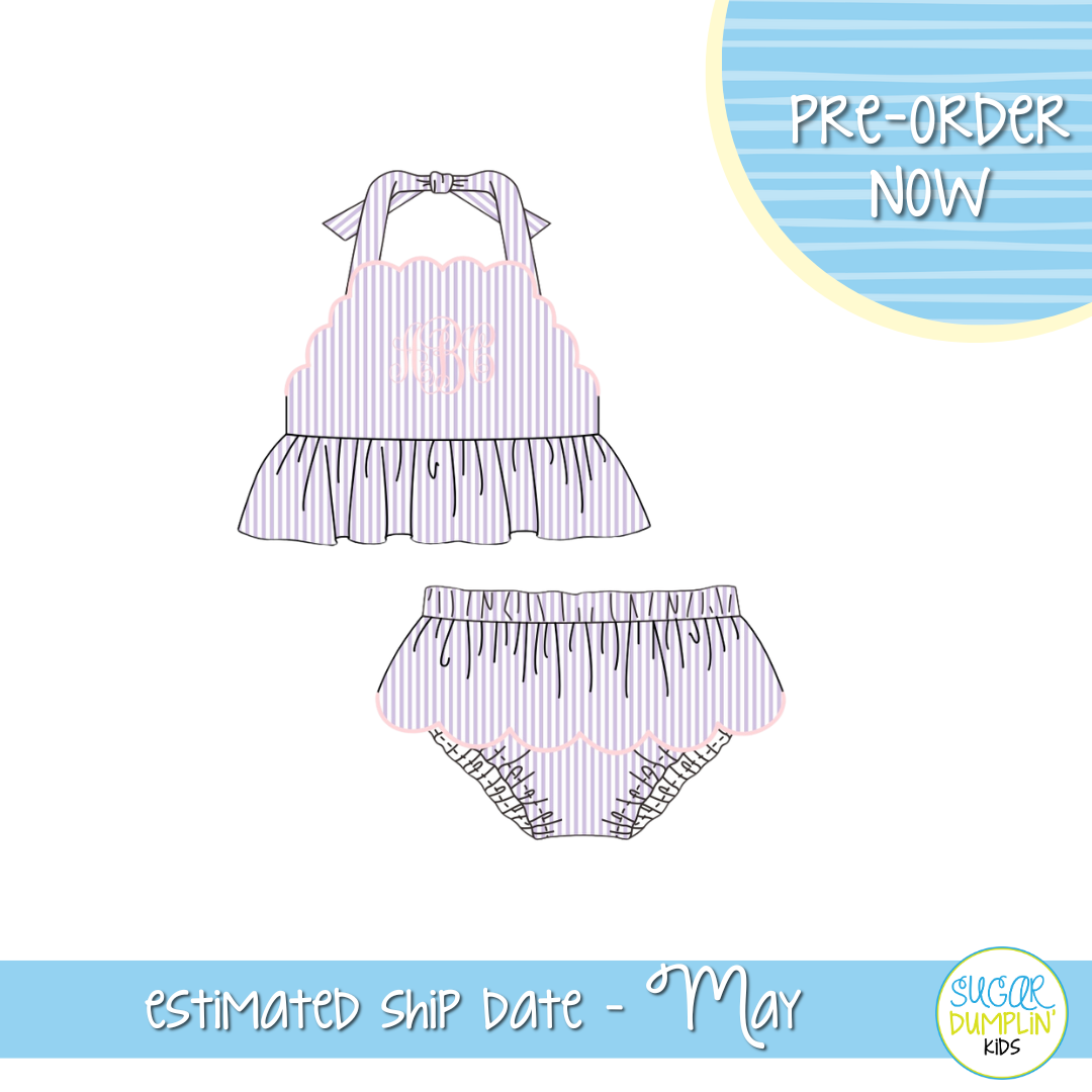 PO111: Seaside Seersucker Scalloped Two Piece Girls Swimsuit