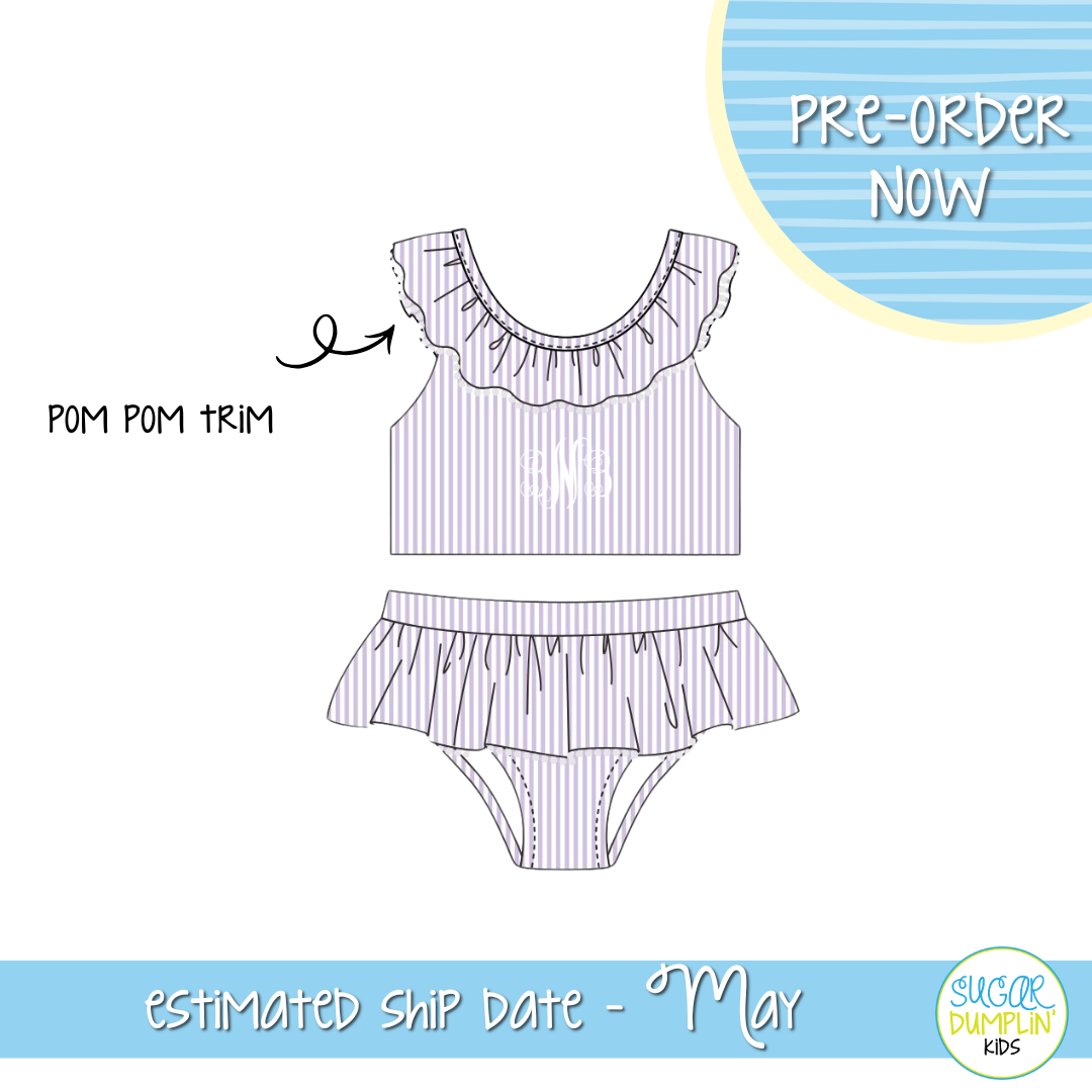 PO111: Seaside Seersucker Pom Pom Two Piece Girls Swimsuit