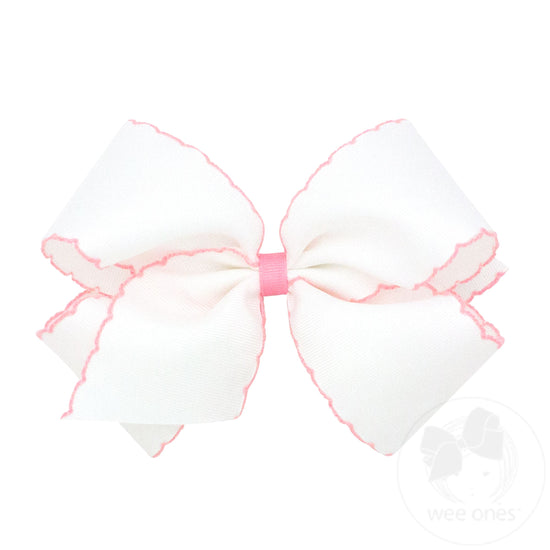 WHT W/ LPK-King Moonstitch Grosgrain Hair Bow with Contrasting Wrap