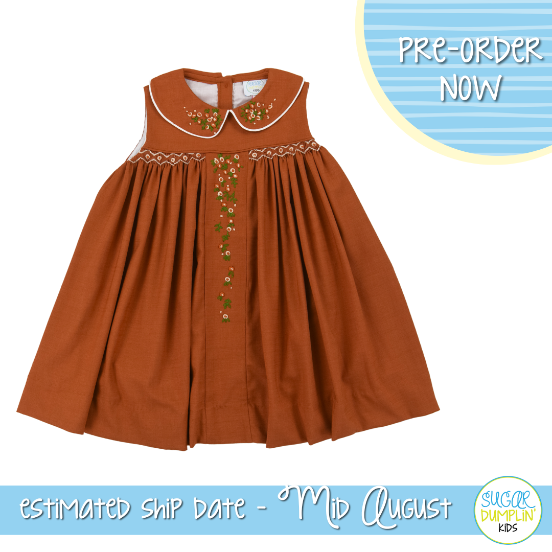 PO95: Girls Rust Linen Smocked Dress