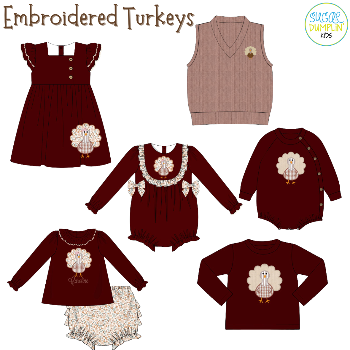 PO115: Embroidered Turkeys Boys Bubble