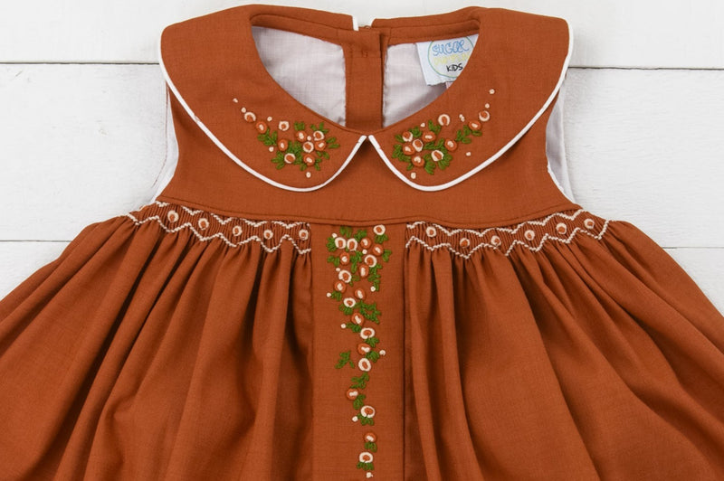 PO95: Girls Rust Linen Smocked Bloomer Set