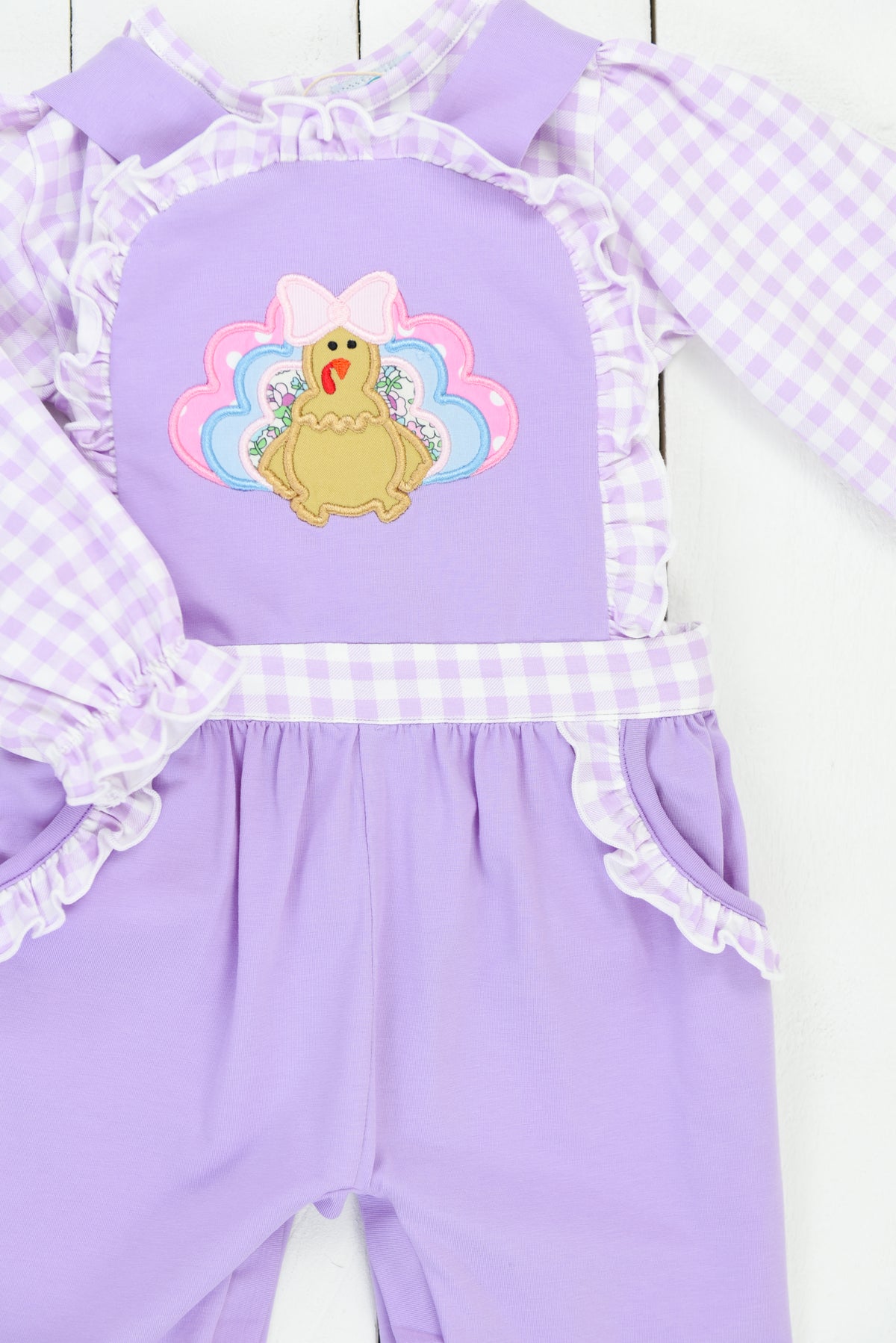 Girls Lavender Gingham Turkey Romper Set