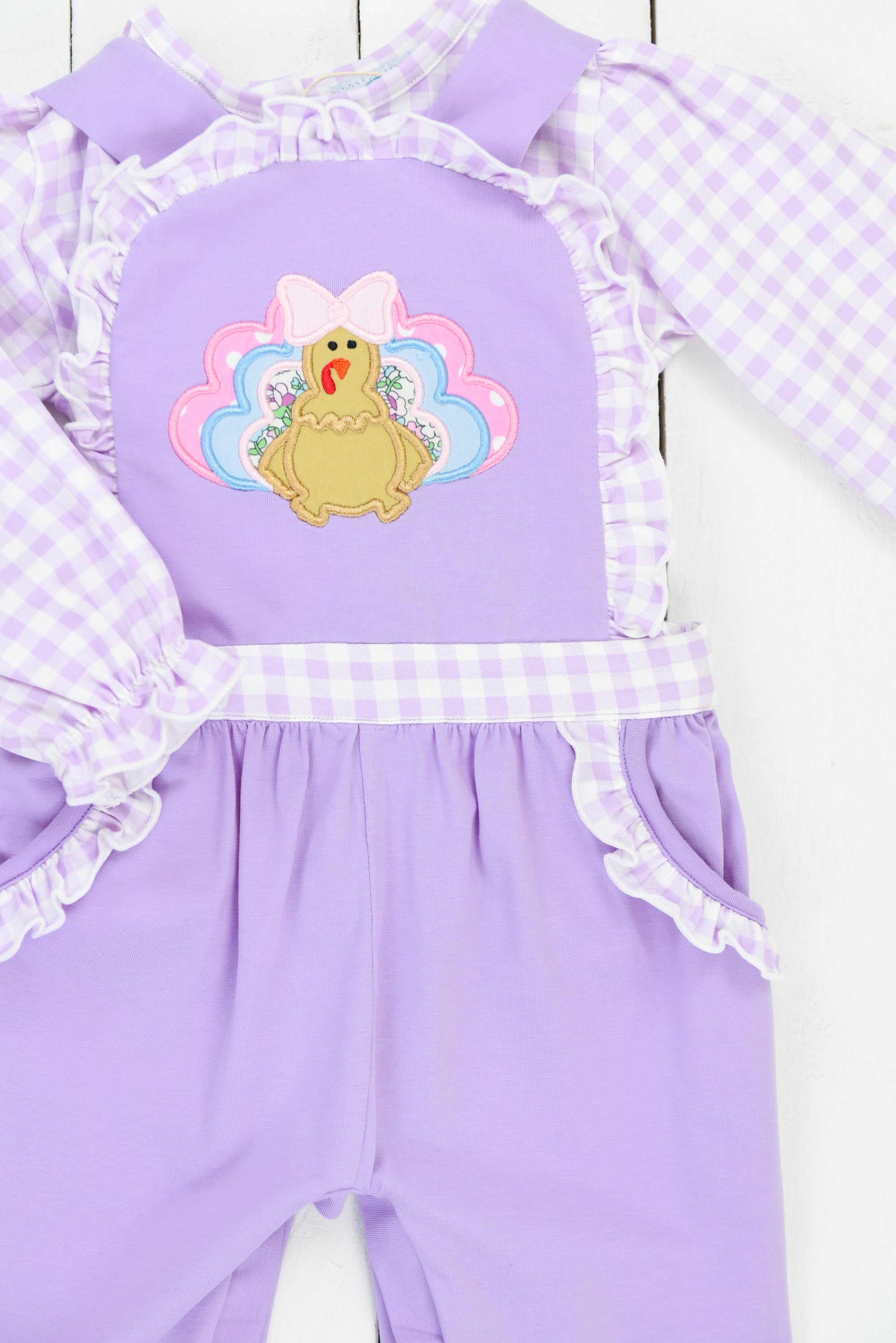 Girls Lavender Gingham Turkey Romper Set