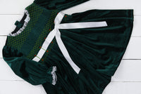 PO97: Winter Wishes Girls Green Velvet Smocked Dress with Ribbon Sash
