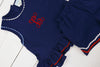 a blue baby bodysuit with a red monogrammed monogrammed monogram