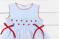 a dress with red, white and blue stars on it