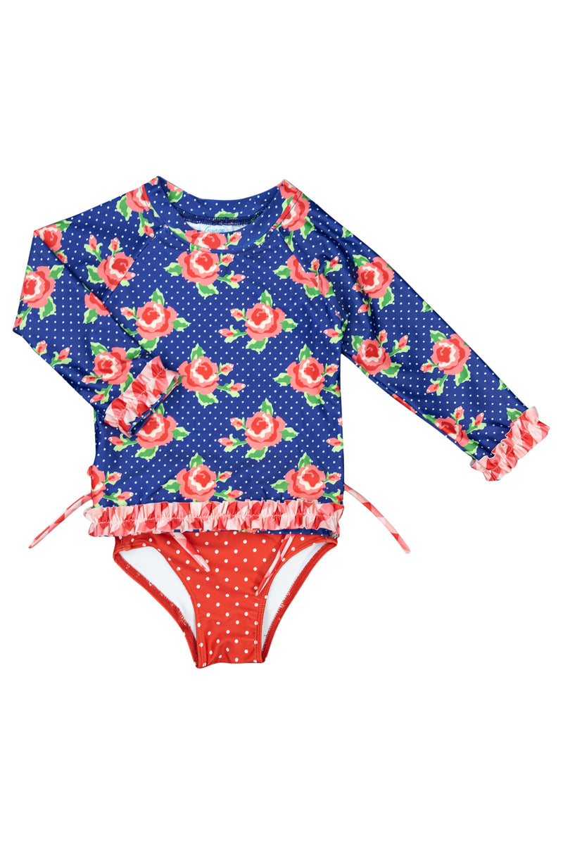 Girls Navy/Red Floral Long Sleeve Tankini