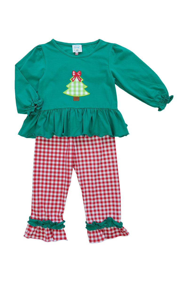 Girls Applique Christmas Tree Pants Set