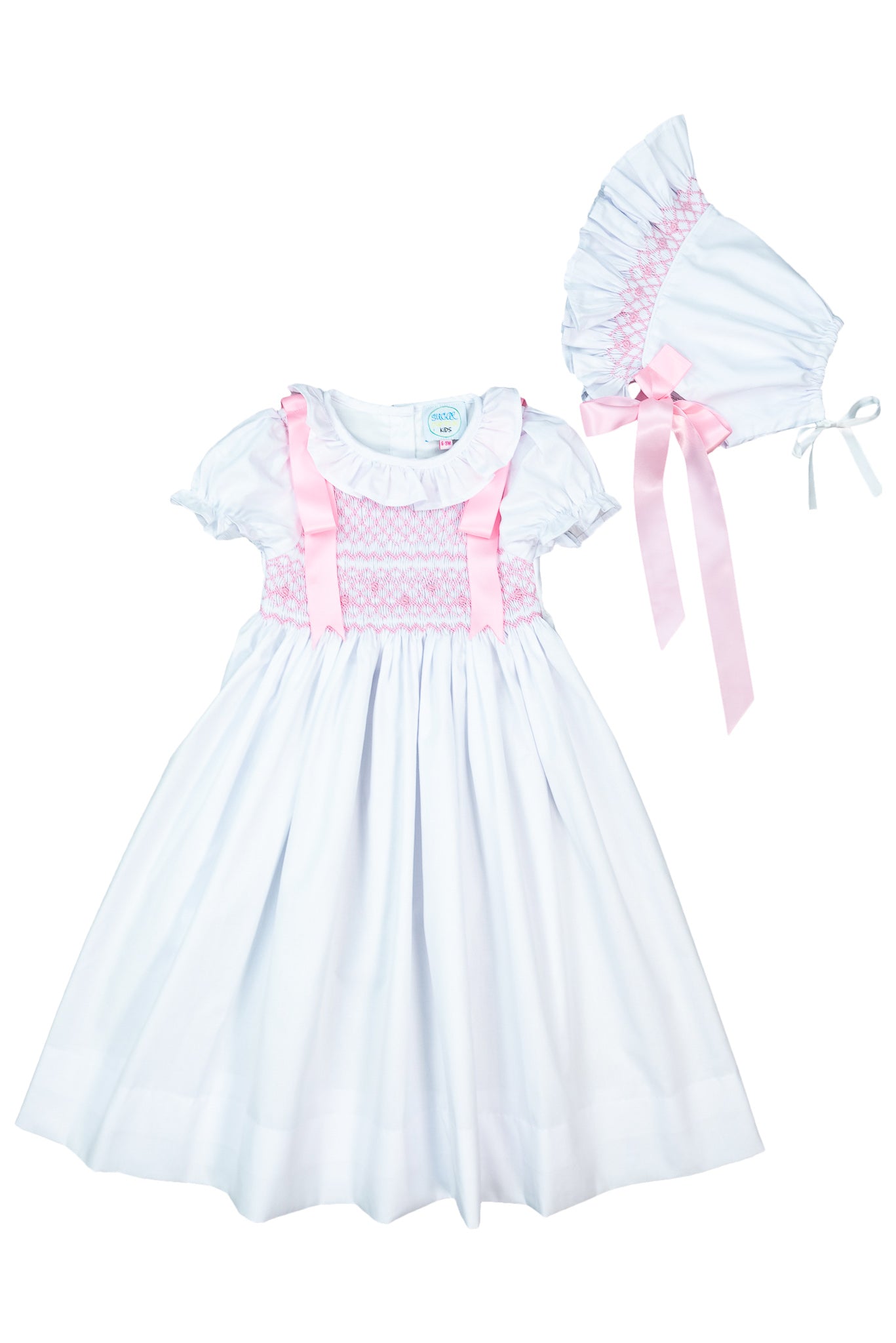 Girls Pink Smocked Gown With Bonnet