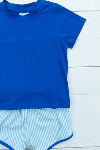 Boys Knit Blue Striped Shorts Set