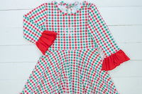 Girls Knit Green/Red Check Dress