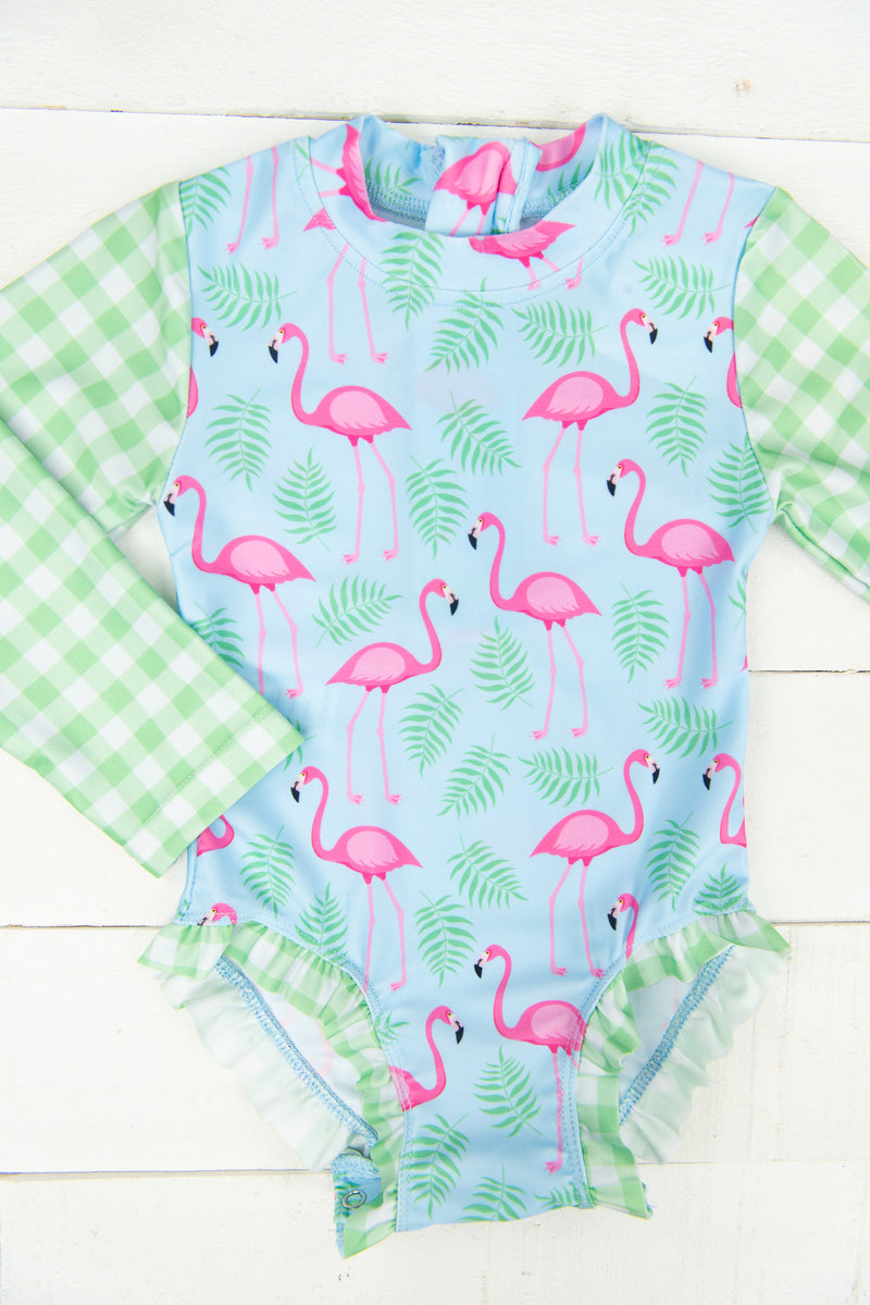 Girls Flamingo Long Sleeve Swimsuit