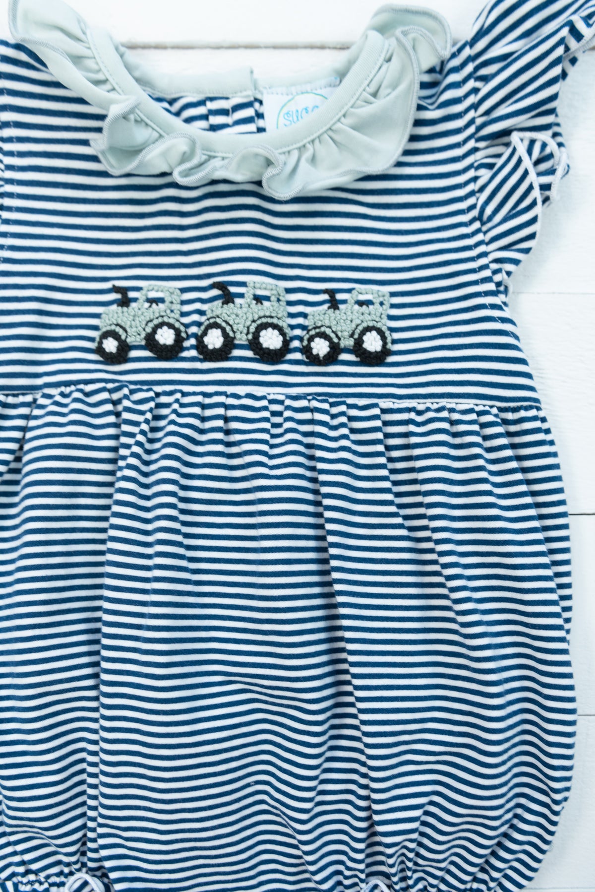 Girls Navy Striped French Knot Tractor Bubble