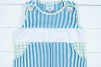 Boys Knit Sage/Navy Name Embroidered Shortall