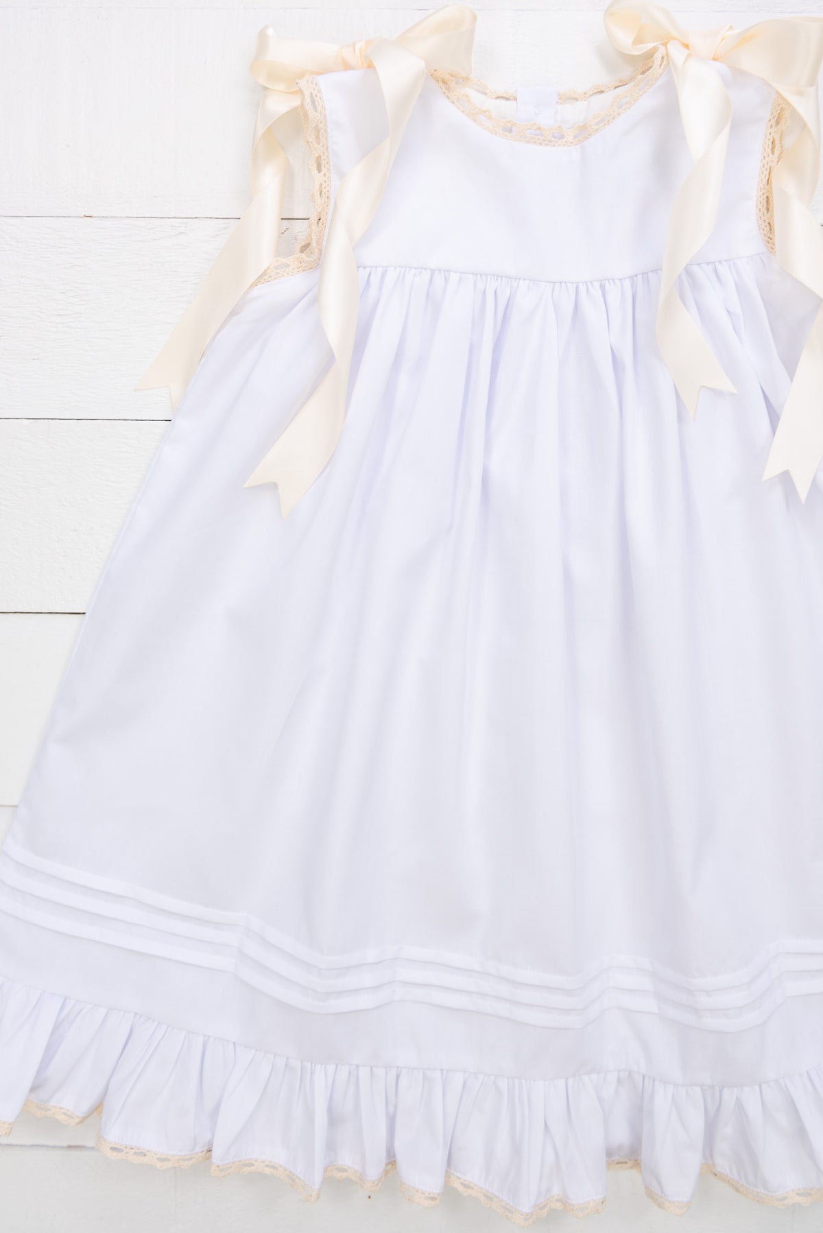 Girls White Heirloom Length Dress with Ribbon