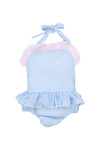 Girls Blue/Pink Seersucker 1 Piece Swimsuit