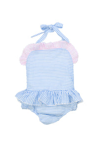 Girls Blue/Pink Seersucker 1 Piece Swimsuit