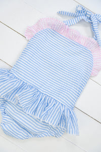 Girls Blue/Pink Seersucker 1 Piece Swimsuit