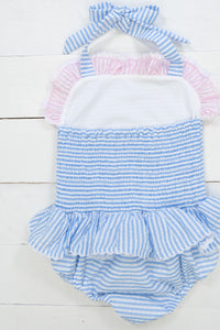Girls Blue/Pink Seersucker 1 Piece Swimsuit
