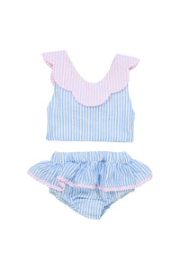 Girls Blue/Pink Seersucker 2 Piece Swimsuit
