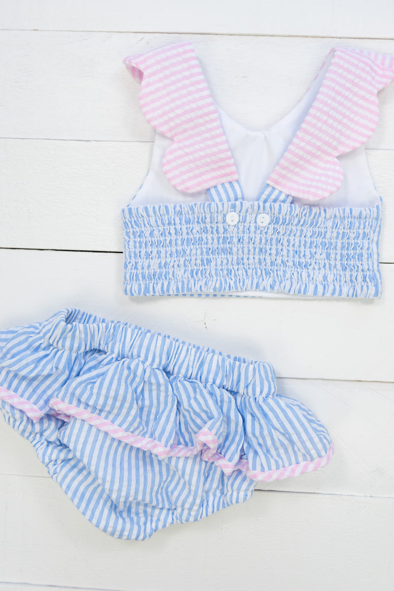 Girls Blue/Pink Seersucker 2 Piece Swimsuit