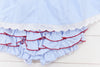 a close up of a blue and white ruffled underwear