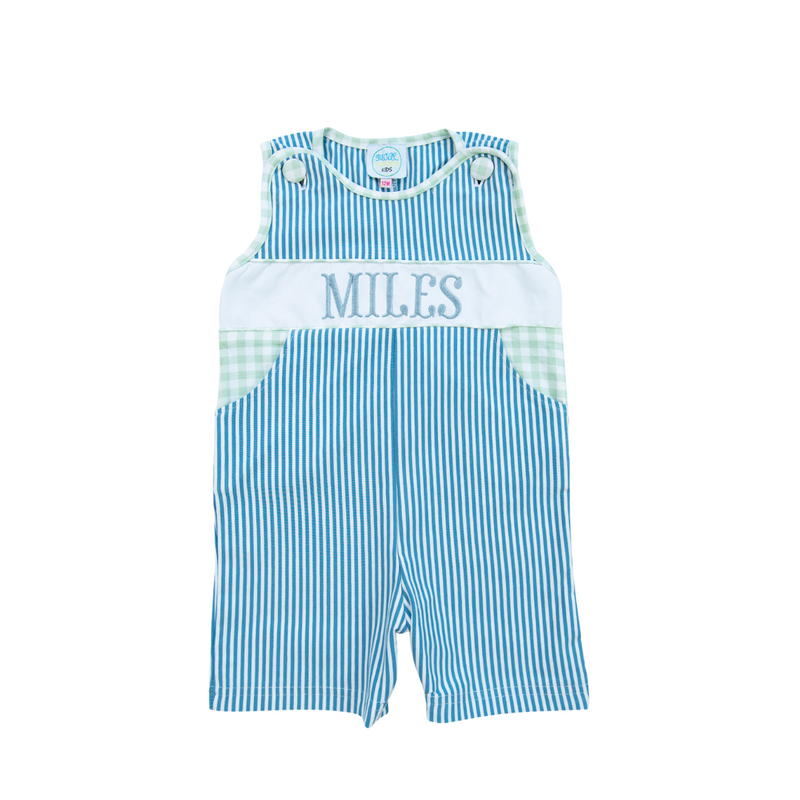 Boys Knit Sage/Navy Name Embroidered Shortall